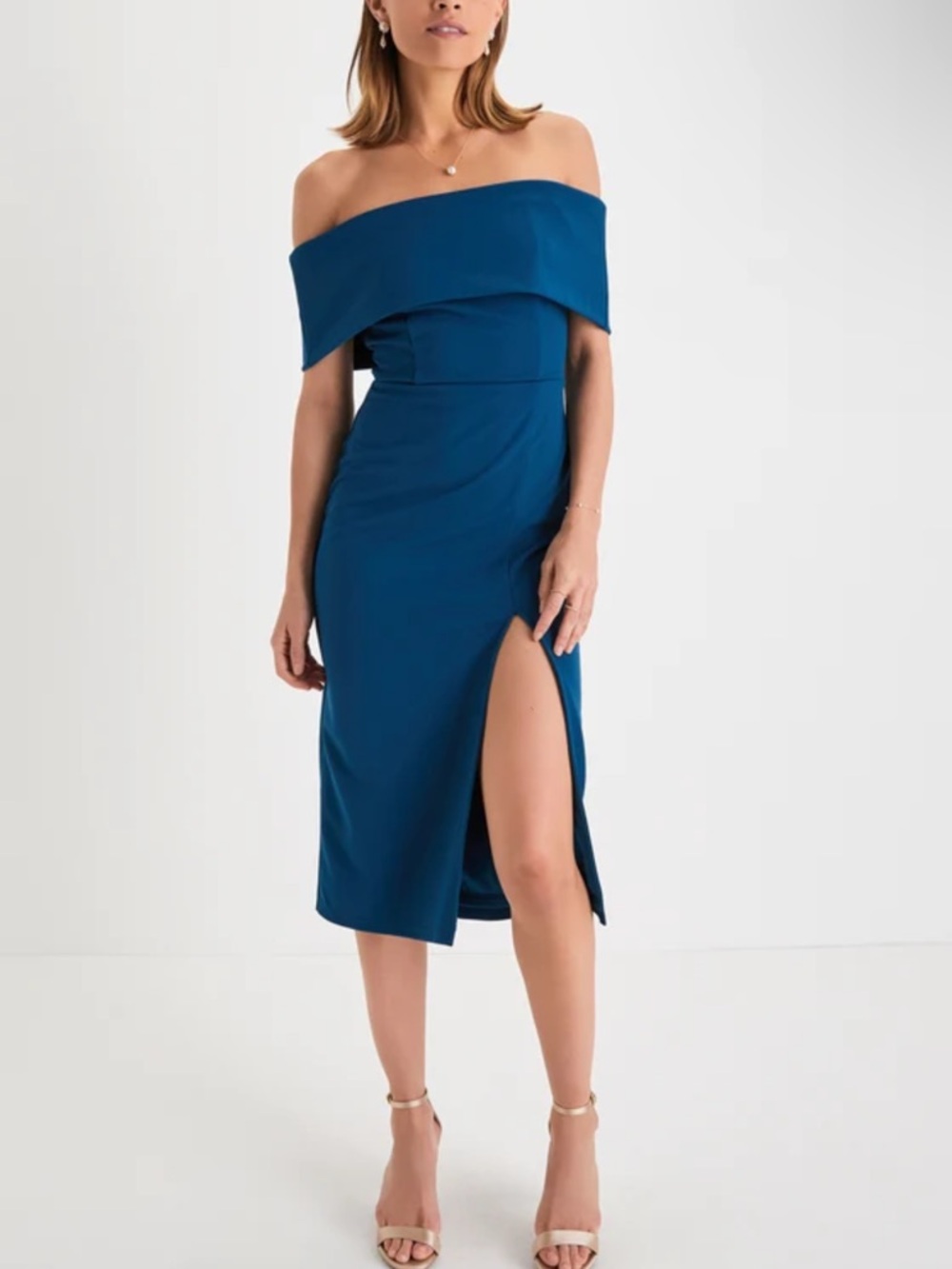 Lulu's Teal Off-The-Shoulder Midi Dress with Front Slit